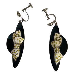 Vintage Enamel Bow Earring Screw Back Black White Yellow Polka Dot Mod 60s Style